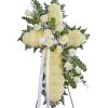 White floral standing cross with roses and ribbon