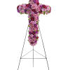 Cross-shaped floral standing spray in pink and purple tones