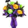 Bouquet of orange and green roses in a purple vase