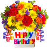 Birthday flower arrangement in a white container with colorful ribbon curls