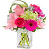 The Blooming Bliss arrangement showcases blushing blooms and definitive style to send