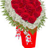 Heart-shaped red rose arrangement with white baby's breath in a gift box