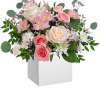 Pink and white roses with alstroemeria in a white box
