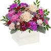 Springtime beauty at its best! Creamy roses and deep purple blooms in