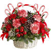 Red and white carnations in a wicker basket with candy canes and pinecones