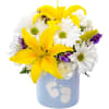 Yellow lilies and white daisies in a blue vase with baby footprints
