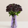 Dark roses arranged in a purple glass vase