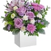 Experience the enchantment of blooms delivered! Purple roses in a eco-friendly wooden