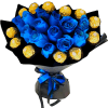 Blue roses with gold-wrapped chocolates in a black bouquet wrap