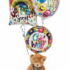 A cuddly 18" plush teddy clutching three cheerful foil balloons makes an