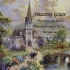 Painting of a church with the words Amazing Grace over a garden scene