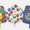 Three square congratulatory balloons with colorful patterns and text