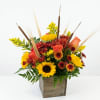 Sunflower and rose arrangement in a wooden box with cattails