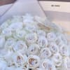 Bouquet of white roses in a pale box with a "50 roses" label