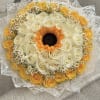 Round bouquet of white and yellow roses with a sunflower center