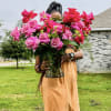 Large bouquet of pink and red roses in a glass vase