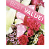 Pink roses and white flowers with a "BEST VALUE!" ribbon