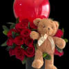 Red roses with a teddy bear and red balloon in a black box