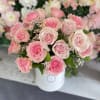 Pink and white roses arranged in a white vase