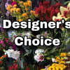 Flower shop display with mixed bouquets and large "Designer’s Choice" text
