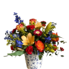 Mixed bouquet in a blue-and-white ceramic vase