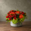 Red and orange roses arranged in a metal container with green hydrangeas