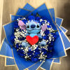 Blue rose bouquet with a Stitch plush toy and red heart