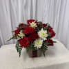 Red roses and white daisies in a square container with plaid ribbon