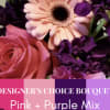 Pink rose and gerbera daisy with purple flowers in a bouquet
