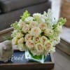 Baby Roses, Delphiniums, White Hydrangeas, White Lisianthus, Ivy leaves
