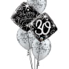 Cluster of black and white birthday balloons, including a "30" balloon