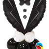 Black tuxedo-shaped balloon arrangement with white balloons at the base