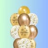 Cluster of gold and white congratulatory balloons with star patterns