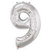Silver foil balloon shaped like the number 9