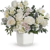White rose arrangement in a clear square vase