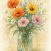 Watercolor bouquet of colorful flowers in a glass jar
