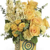 Yellow roses and carnations in a decorative box with a "thanks" sign