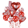 Cluster of red and pink heart-shaped balloons with confetti balloons
