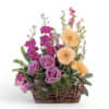 Bring home some warmth with this beautiful design! Peach gerberas, lavender roses
