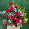  18 Red Roses in a wood box with Eucalyptus, Solidago and