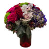 Bouquet of red roses, white orchids, and purple hydrangeas in a red vase
