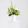 White and green floral arrangement in a tall white ribbed vase on a white pedestal