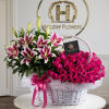 Stargazer Lilies and Hot Pink Roses
