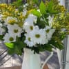 White daisies and yellow filler flowers arranged in a white pitcher-style vase