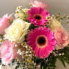 Pink and white bouquet with gerbera daisies and roses