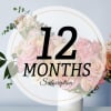 Pastel pink and cream rose bouquet with eucalyptus and a "12 MONTHS Subscription" overlay