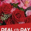 Red roses and pink flowers in a bouquet with a Deal of the Day banner