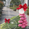 Pink tulips in a clear gift bag with red bows