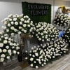 Large white rose arrangements displayed indoors around a green wall sign