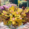 Yellow orchids arranged in a low white pedestal container